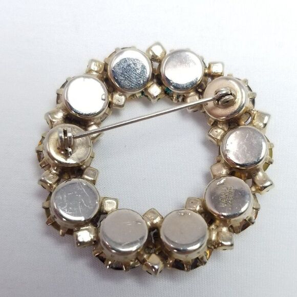 Vintage Karu Arke Inc Orange Yellow Amber Rhinestone Circle Brooch Pin Prong Set - Picture 3 of 7